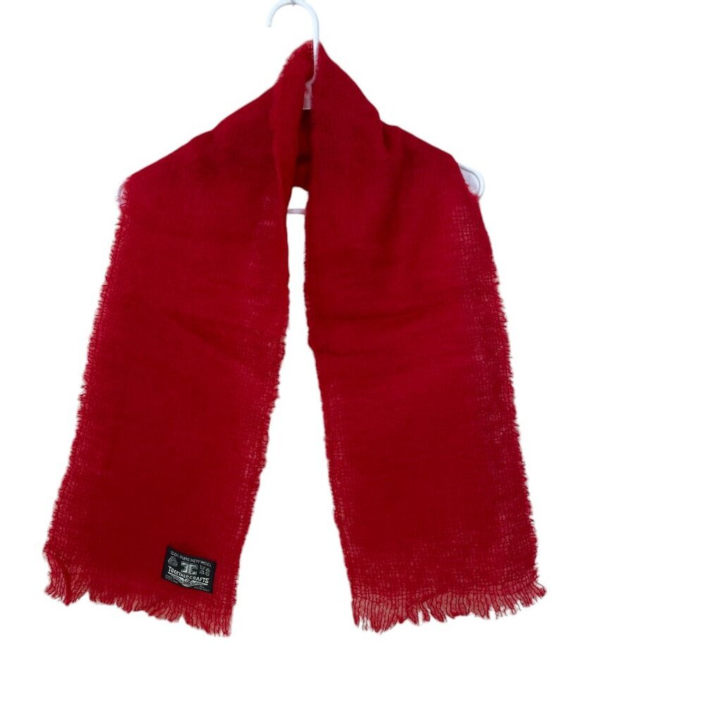 Vintage Together Crafts Scotland Made 100% Pure Wool Red Fringed Scarf‎ 54" x 9"